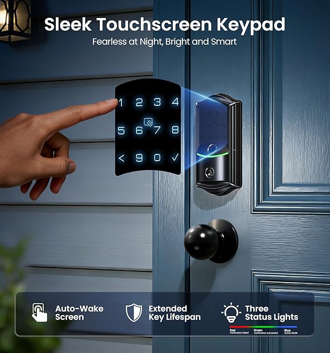 Veise VE027 Built-in Wi-Fi Smart Lock, Fingerprint Keyless Entry Front Door Lock, App Remote & Voice Control, No Hub Needed, Touchscreen Keypad Deadbolt, IP65 Waterproof, BHMA Grade 3, Matte Black
