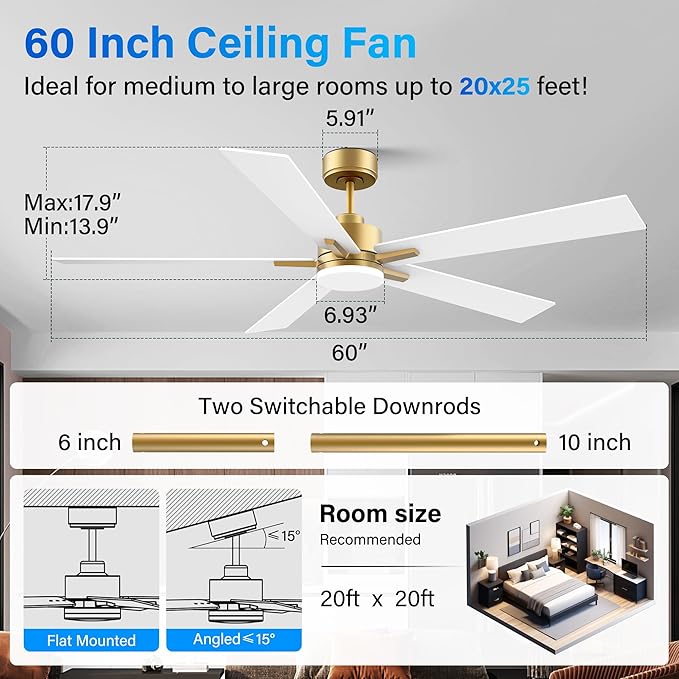 60 Inch Smart Ceiling Fan with Lights Remote,Control via Voice Alexa Google App Wifi,Silent DC Motor,Dimmable,Outdoor Indoor Modern Ceiling Fans for Large Bedroom Living Room Patio,Gold White Black