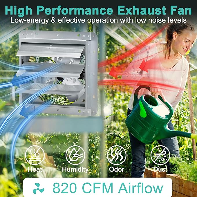 10 Inch Shutter Exhaust Fan, Wall Mount Attic Fan with Thermostat and Speed Controller for Greenhouses, Sheds, Garages, Chicken Coops, Barns Ventilation, 820 CFM