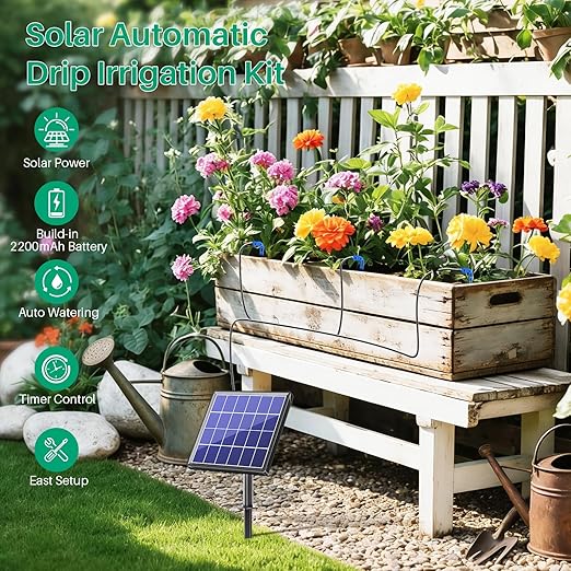 NFESOLAR 3W Solar Automatic Drip Irrigation Kit with LCD Timer, Customizable Watering Duration 1–30min & Interval 3h–7d, Anti-Siphoning Device for Potted Plants, Balcony, Garden, Patio, Vacation
