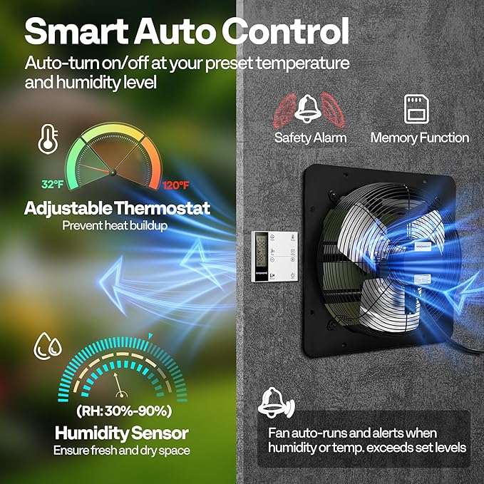 VIVOHOME 14" Shutter Exhaust Fan with EC Motor – 1700 CFM with Thermostat, Variable Speed, Timer, Wall-Mounted for Attic, Garage, Greenhouse, Chicken Coop, Barn Ventilation