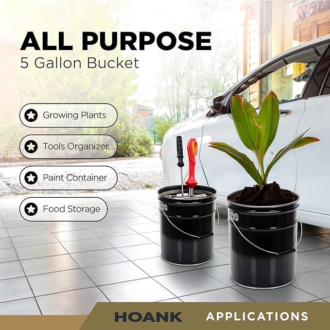 5.5 Gallon Metal Storage Bucket with Lever Lock Lid, Black Heavy Duty Container, Triple Seam Technology, Durable Design for Tools, Plants, Paint, Food Storage