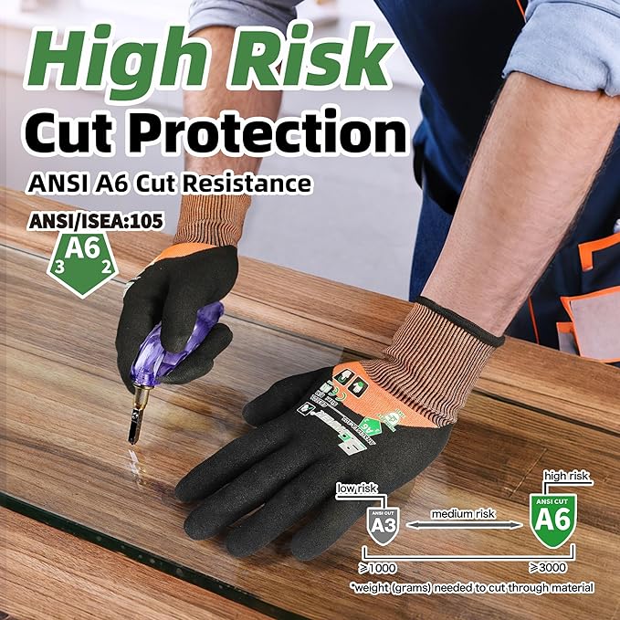 Schwer ANSI A6 Cut Resistant Gloves, CR3709 Cut Proof Work Gloves, Touch-screen Cutting Gloves, 3/4 Dipped Coating for Woodworking, Glass Metal Cutting, Construction, Fishing, L,1 pair