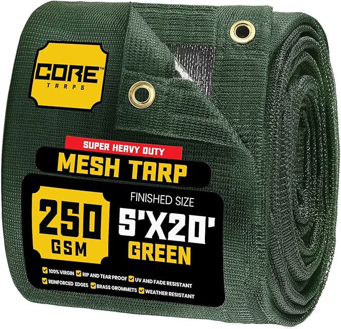 Core Tarps 60% Green Shade Cloth with Grommets - 5 X 20 FT Heavy Duty Mesh Tarp - Sun Shade Cloth for Garden Vegetables Plants Greenhouse Outdoors Backyard Fences Dump Trucks Patio Mesh Shade Tarp