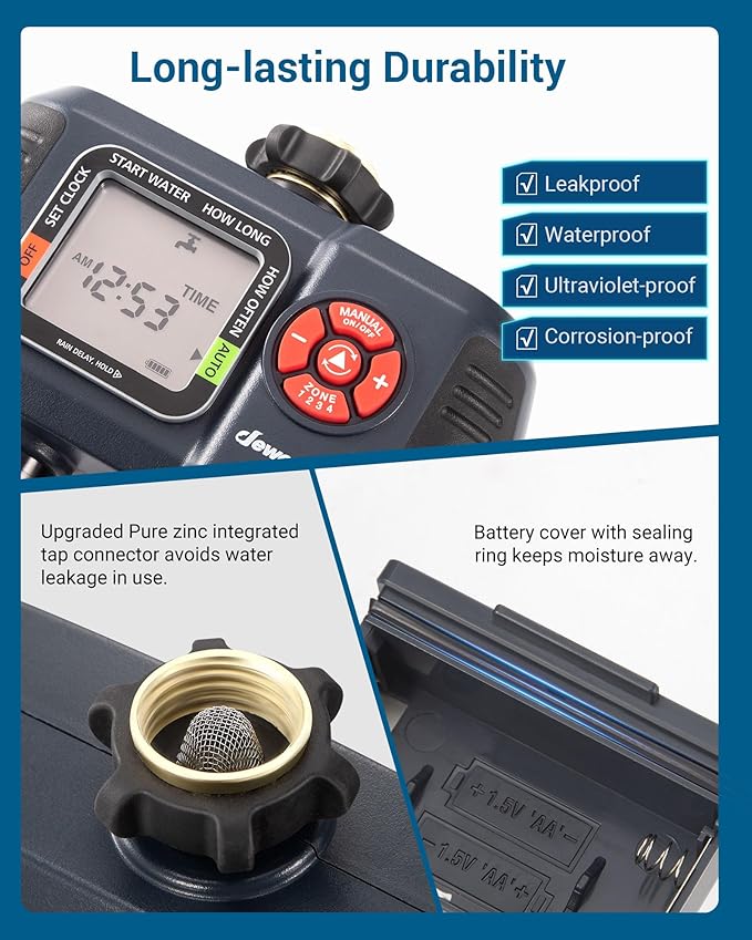 DEWENWILS Sprinkler Timer 4 Zone and 2 Zone, Water Timer for Garden Hose with Rain Delay/Manual/AUTO Irrigation Timer, Programmable Outdoor Faucet Hose Timer for Yard, Lawn