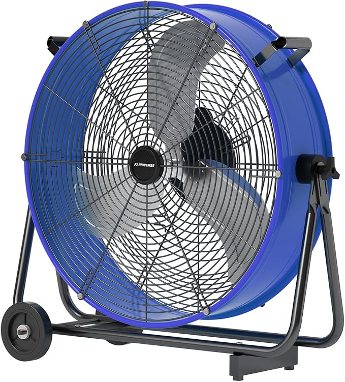 24 Inch Industrial Drum Fan 8800 CFM High Velocity Floor Fan for Garage, Warehouse & Workshop - 3-Speed Heavy Duty Metal Fan with 360° Tilt, Wheels & UL Safety Listed