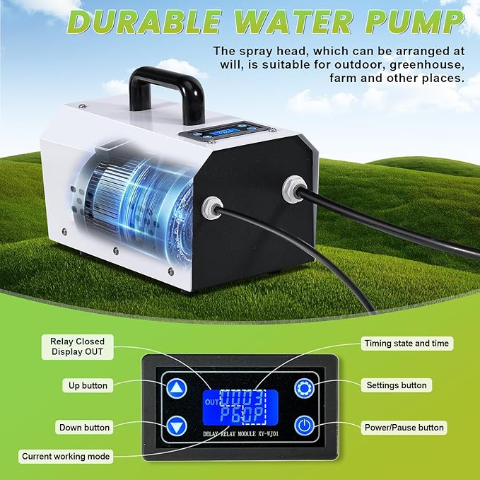 Outdoor Misting Cooling System High Pressure Misters for Outside Patio with Pump Kit, 65.6FT Misting Line with Brass Mist Nozzles Self Priming Sprayer Misters for Chicken Coop Garden Greenhouse