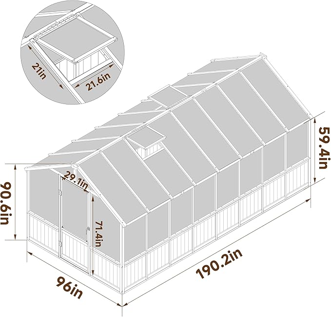 Yardenaler 8x16 FT Greenhouse for Outdoor, 6MM Thick Polycarbonate Panel Wooden Walk-in Green House with Adjustable Roof Vents and Lockable Door, Backyard Garden, Light Mocha Brown