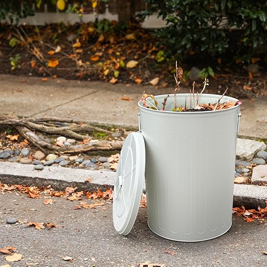 Plexon 20 Gallon Metal Trash Can with Lid Outdoor Large Trash Bin Steel Garbage Can for Garage Patio Farmhouse Bucket Bird Seed Storage Can Heavy Duty Round Container, Beige