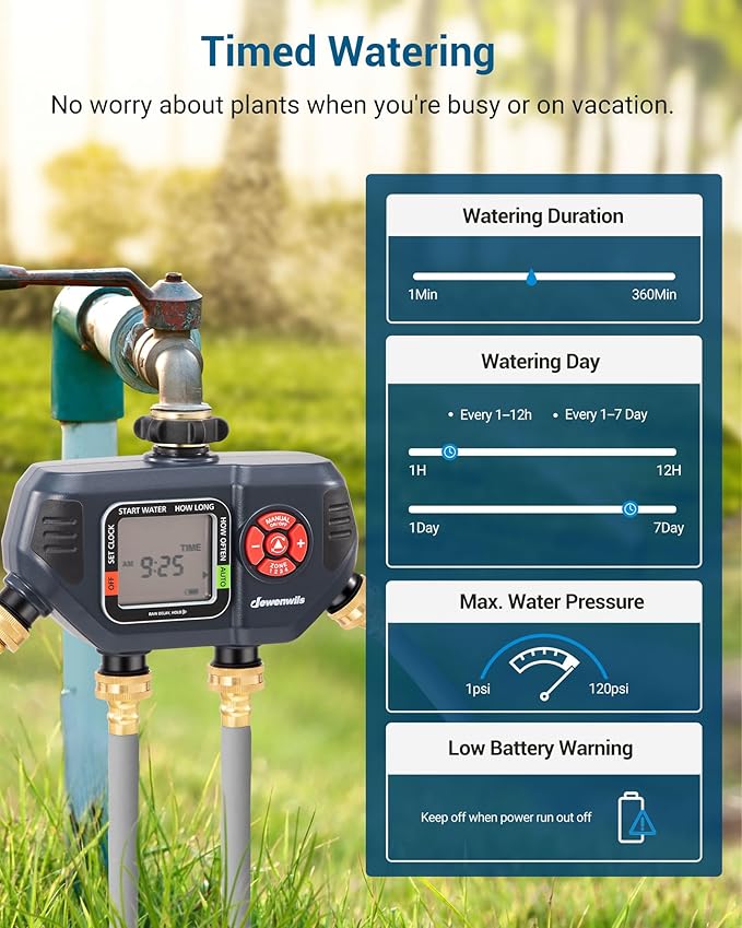 DEWENWILS Sprinkler Timer 4 Zone and 2 Zone, Water Timer for Garden Hose with Rain Delay/Manual/AUTO Irrigation Timer, Programmable Outdoor Faucet Hose Timer for Yard, Lawn