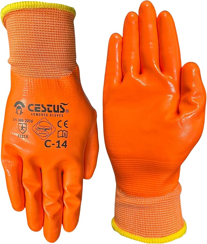 Cestus C-14, 12 Pairs Nitrile Coated Work Gloves for Men, Waterproof Safety Gloves for Fuel Handling, Construction, Warehouse