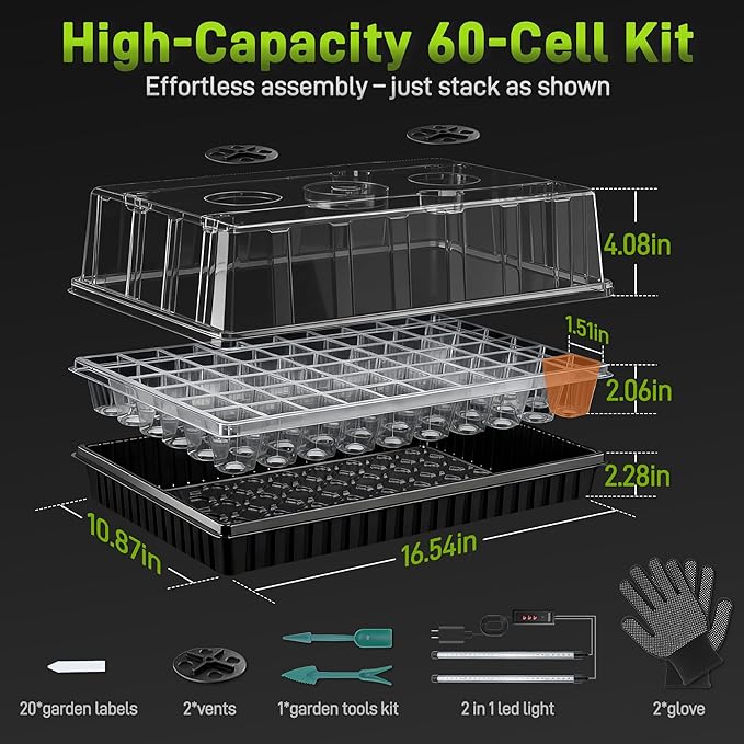 Mulctun 60-Cell Seed Starter Tray with Grow Light, Seedling Starter Trays with 4.08" Humidity Dome, Self-Watering Plant Germination Trays,Seed Starter Kit for Seeds Growing (Black)