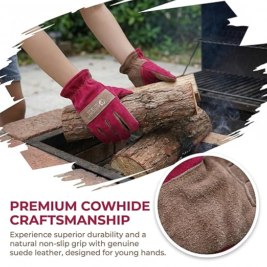 Leather Work Gloves for Women with Cotton Lining, Thorn Proof Gardening Gloves for TIG/MIG Welding, Construction (Rose Red, X-Small)
