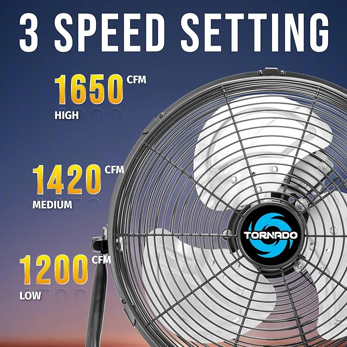 Tornado 12 Inch High Velocity Floor Fan, Heavy Duty Metal Industrial Fans, 3 Powerful Speed, 120° Adjustable Tilting 6.0 FT Cord - 2 Pack, Black