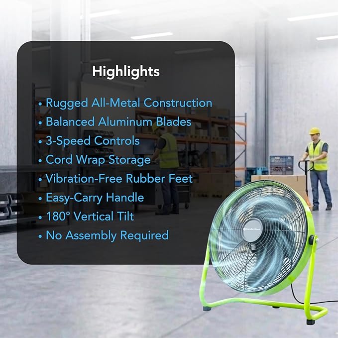 Comfort Zone 20-Inch High-Velocity Industrial Floor Fan, Heavy-Duty 3-Speed Metal Shop Fan with 180° Adjustable Tilt & Carry Handle, Quiet Vibration-Free Cooling for Garage, Workshop, & Home