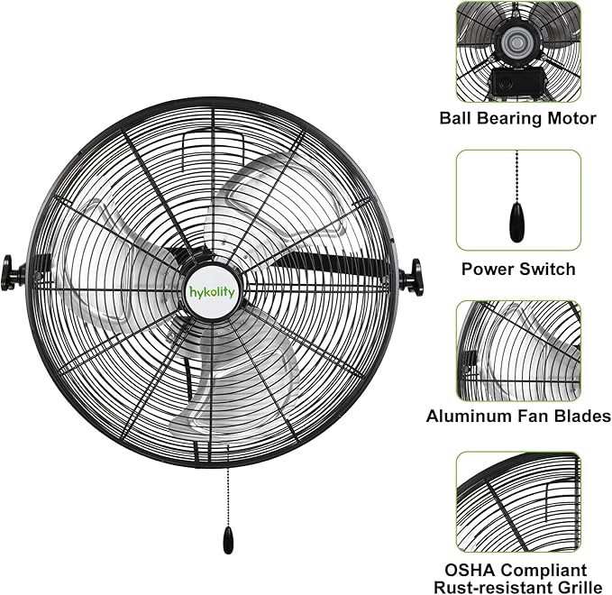 hykolity 4300 CFM 18 inch Industrial Wall Fan, 3-Speeds High Velocity Wall Mount Fan with Sealed Motor, Heavy Duty Metal Barn Fans for Shop, Garage, 2 Pack