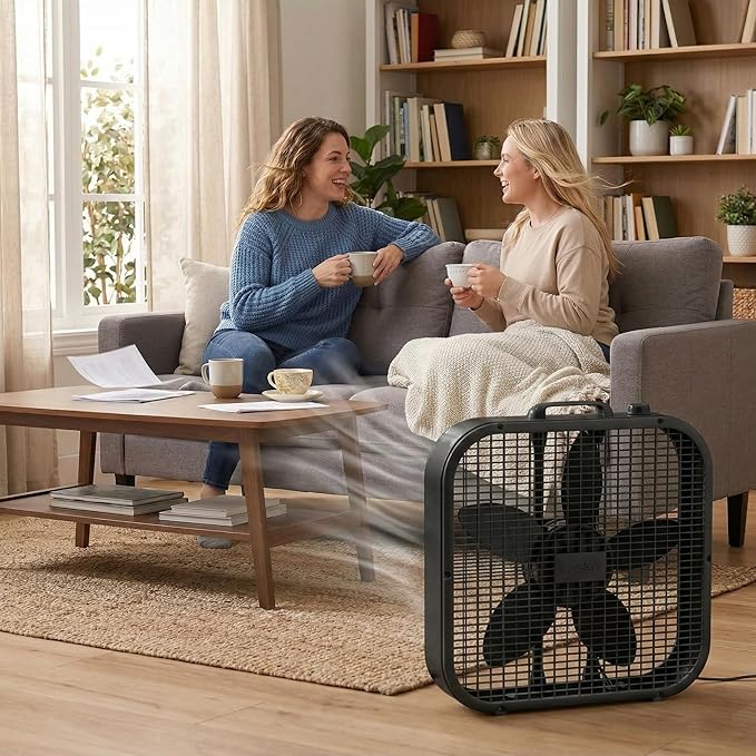 20-Inch Box Fan with Weather-Resistant Motor, 3-Speed Floor and Window Cooling Fan with Plastic Frame, Portable Carry Handle, 72-Inch Cord for Bedroom, Garage, Dorm, Black