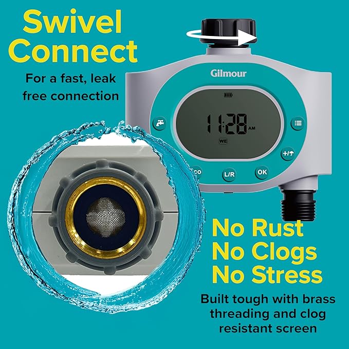 Gilmour Dual Outlet Water Timer for Garden Hose, Programmable Automatic Watering System, LCD Screen, Rain Delay, Battery Operated