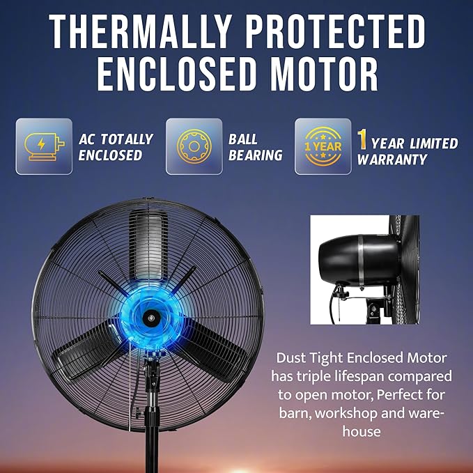 Tornado 24 Inch Outdoor Oscillating Pedestal Fan, IPX4 Water-Resistant High Velocity Metal Floor Fan, 2-Speed Commercial Industrial Standing Fan, 7600 CFM, cETL Listed