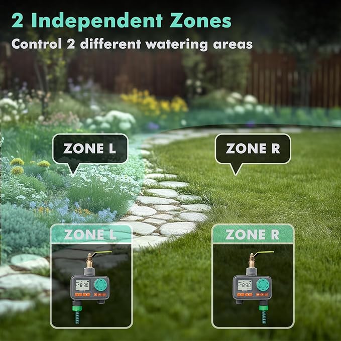 RESTMO 2-Zone Sprinkler Timer with 3 Separate Programs, 7-Day Programmable Water Timer for Garden Hose, Automatic Control/Manual/Rain Delay, Ideal for Drip Irrigation and Lawn Watering System