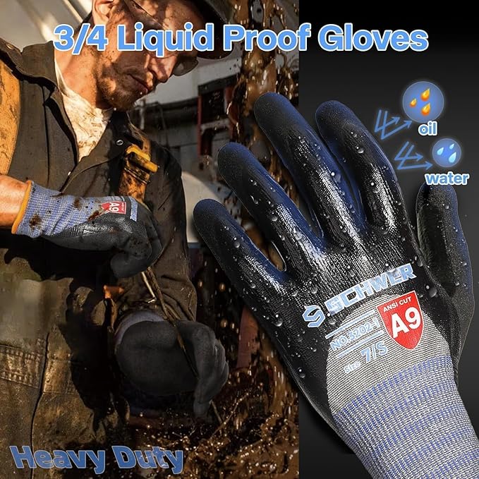 Schwer 2 Pairs ANSI A9 Cut/Abrasion/Puncture Resistant Gloves, 3/4 Double Nitrile Coating for Ultra Durable, Water and Oil Proof, Anti Slip, Stain Resistant, Black, XL