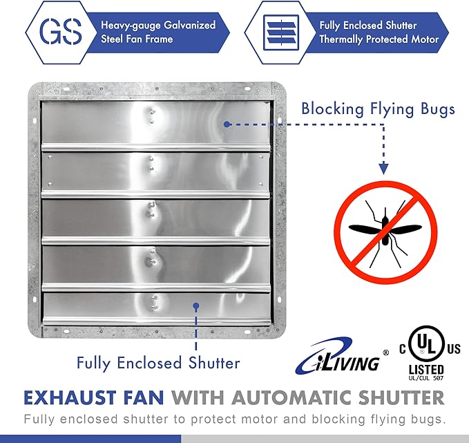 iLIVING 20" Wall Mounted Shutter Exhaust Fan, Automatic Shutter, with Thermostat and Variable Speed controller, 2.2A, 3368 CFM, 5000 SQF Coverage Area Silver (ILG8SF20V-ST)