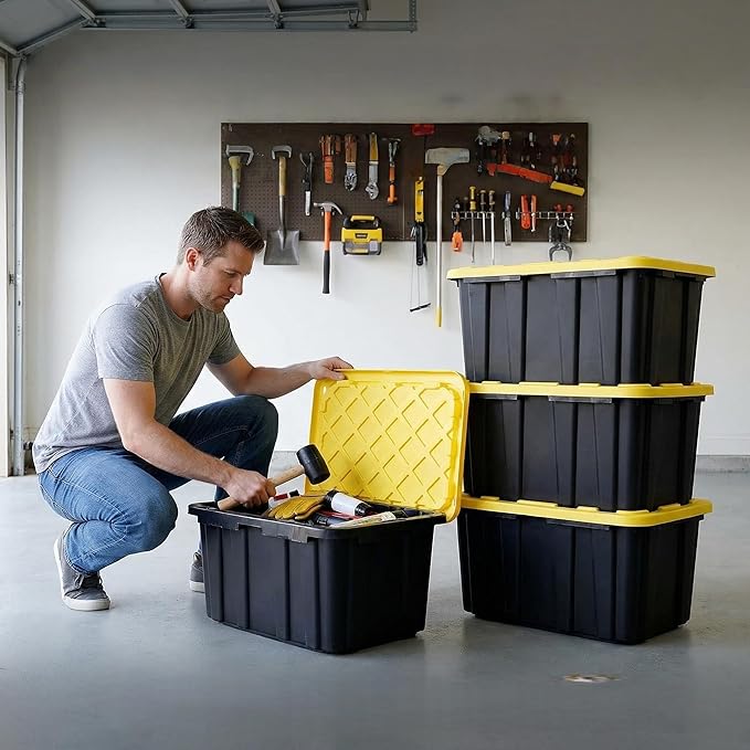 4 Pack 17 Gallon Heavy Duty Storage Bins with Lids, Industrial Stackable Lockable Nestable Plastic Totes Storage Containers for Garage, Moving, Home & Office Organization, Black & Yellow