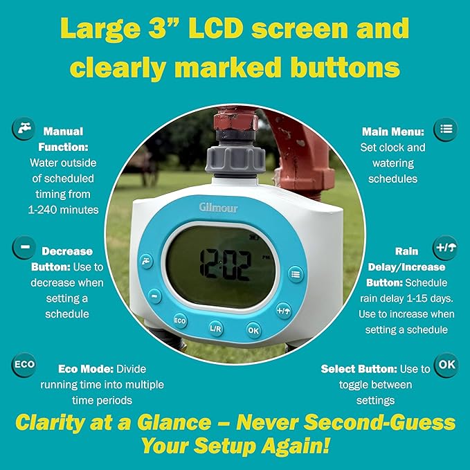 Gilmour Dual Outlet Water Timer for Garden Hose, Programmable Automatic Watering System, LCD Screen, Rain Delay, Battery Operated