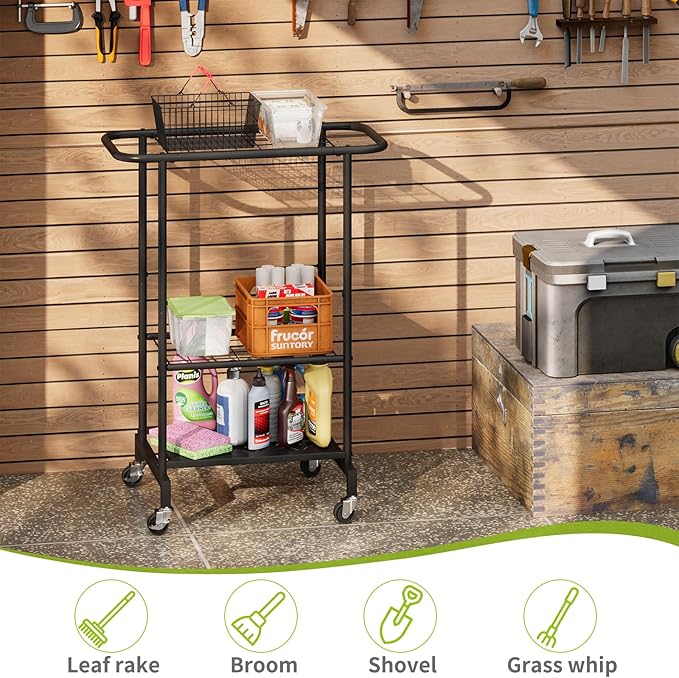 3-Tier Garden Tool Organizer with Wheels, Garage Floor Rolling Storage Cart on Wheels Heavy Duty Metal Rolling Storage Cart, Yard Tool Tower Rack for Garage, Patio, Shed, Indoor Outdoor