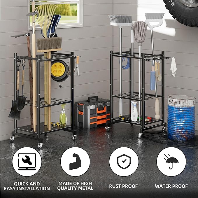 LAKEMID Garden Tool Organizer Stand with Wheels,Yard Tool Organizer for Garage with 2 Hooks, Rack Up to 42 Tools,Broom Holder & Garden Tool Rack for Shed, Patio, Outdoor Use
