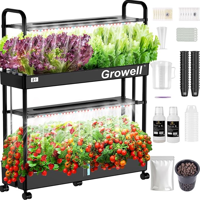Large Hydroponics Growing System Kit, 32 Pods Vertical Hydroponic Garden, with 32 Large Buckets, 32L Indoor Garden System for Herb Vegetable Fruits, with 2 Light Modes, Auto Circulating Water System