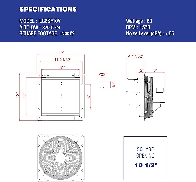 iLiving ILG8SF10V - 10" Wall Mounted Exhaust Fan - Automatic Shutter - Variable Speed - Vent Fan For Home Attic, Shed, or Garage Ventilation, 820 CFM, 1200 SQF Coverage Area (Power Cord Not Included)