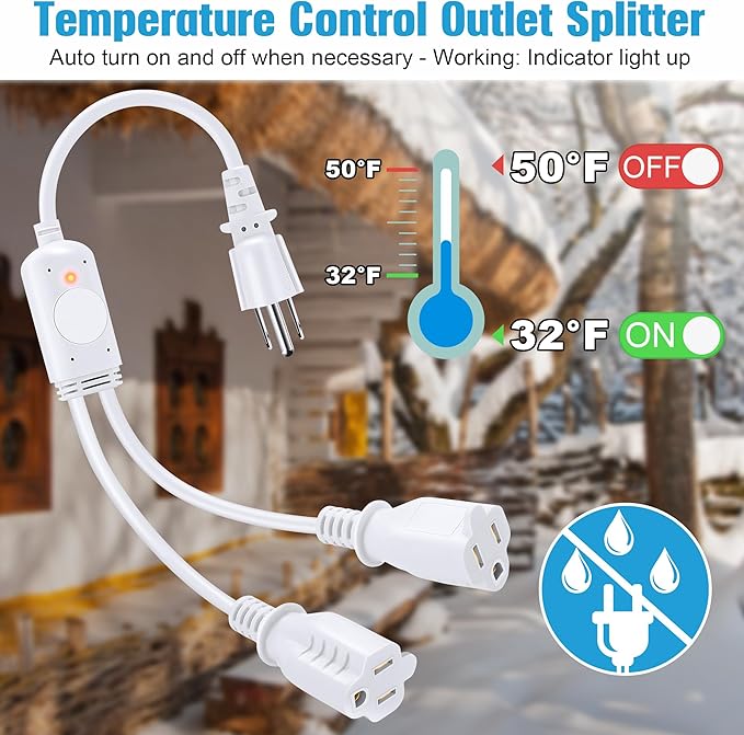 Feekoon 120V 10A Temperature Controlled Extension Cord, Heat Cable Controller Turns on Below 32°F, Off Above 50°F, Thermostatically Controlled Outlet for Coop Heaters Deicers Water Pipe Heating Tapes