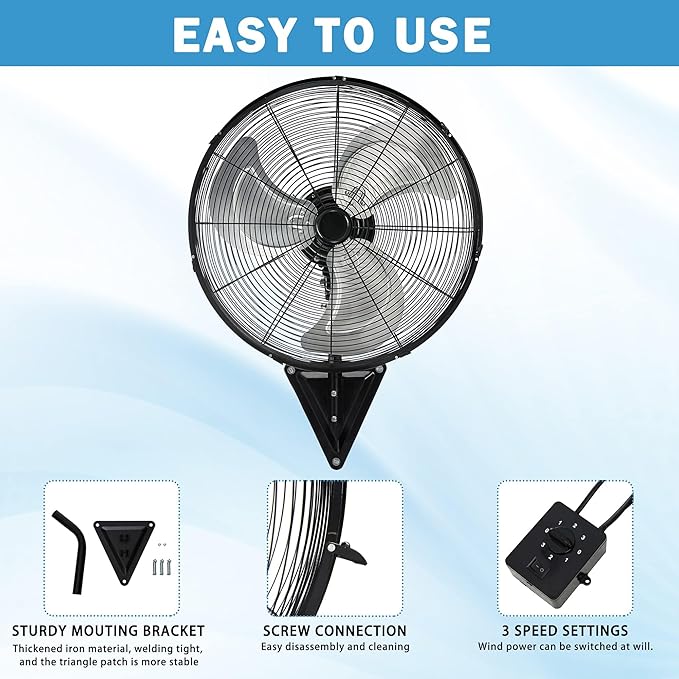 20" Wall Mount Fan, 7100CFM Heavy Duty Wall Fan with 3-Speed & Adjustable Tilt, High Velocity Industrial Oscillating Fans for Garage, Factory, Patio, Indoor, Porch, Shop & Commercial Use - ETL Listed