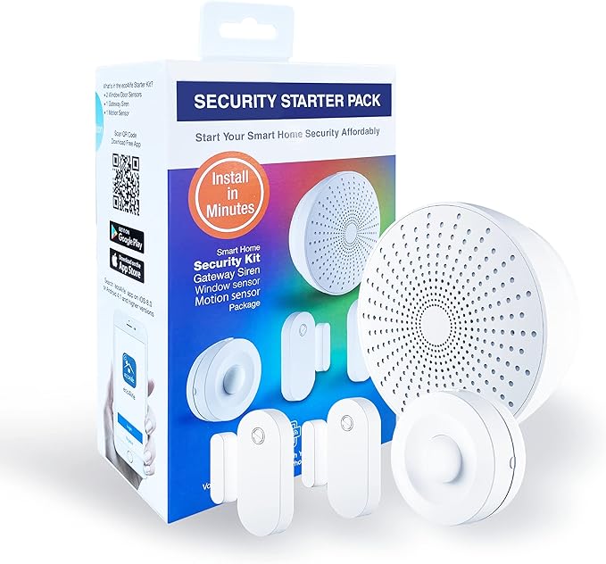 Smart Home Automation Hub Monitoring Smart Devices- 4 Piece DIY Smart Home Starter Kit-24/7 Monitoring System- No Contracts Free for Home Burglar Alerts gh eco4life App,SH-KIT4A