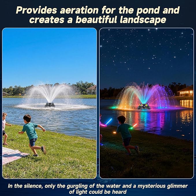RELIY Pond Fountain Aerator, With 4 RGB Lights 1HP 110V 15000 GPH Stainless Steel Fountain Pump, Fully Automatic Powerful Lake Floating Fountain, 100 FT Power Cord, Programmable Timer Switch