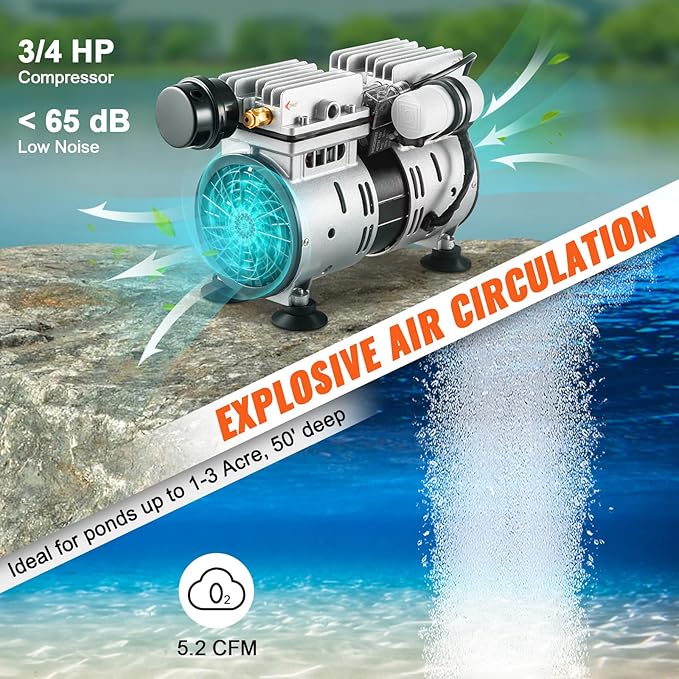 VEVOR Pond Aerator, 550W Power, 5.2CFM for Up to 3 Acre 50' Lake, Pond Aeration Kit Includes 3/4 HP Compressor & Timer & Valves, Air Compressor for Deep Water Oxygen Circulation, for Pond, Lake