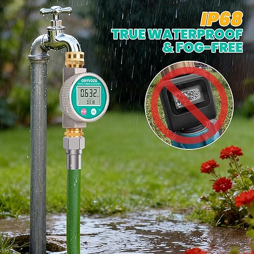 Metal Water Flow Meter, 3/4" GHT Garden Hose Flowmeter with Brass Thread and Large Screen for RV, Pool, House, Lawn Sprinkler and Outdoor Watering – Supports Gallon, Liter, GPM and LPM