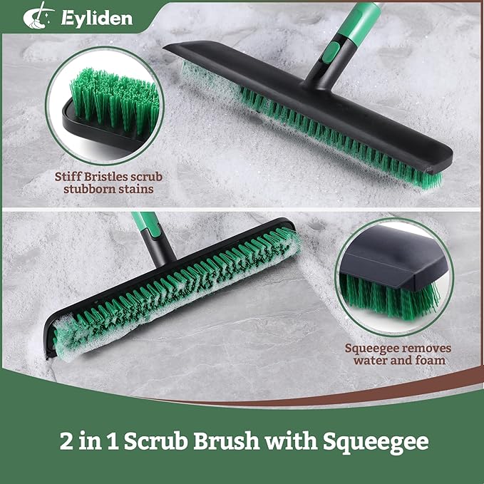 Eyliden Floor Scrub Brush with Long Handle, 15-inch Wide Deck Brush, 2in1 Floor Scrubber with Stiff Bristles and Rubber Squeegee for Bathroom, Shower, Kitchen, Patio, Garage, Telescoping Steel Handle