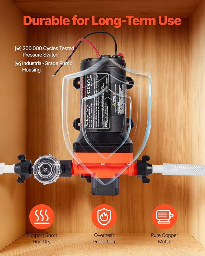 VEVOR RV Water Pump, 12V DC 5 GPM (18.9 L/min), 4-Chamber Self-Priming Diaphragm Water Pump with Automatic Pressure Switch, 70 PSI Max Pressure, On Demand for RV, Caravan, Marine, Yacht, Car Washing