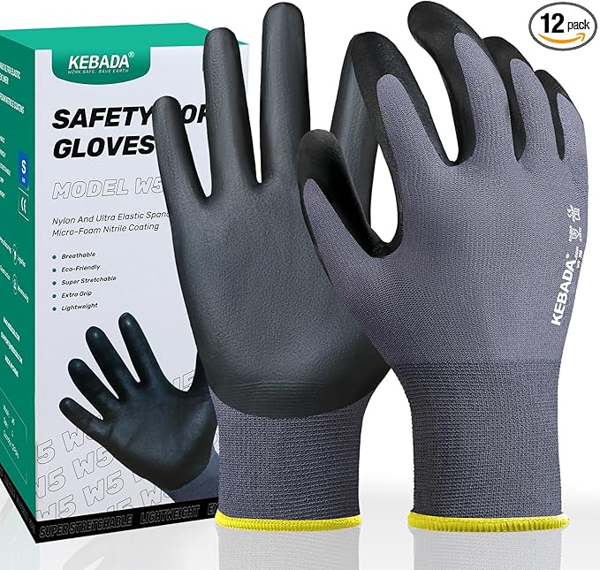 Kebada Work Gloves for Men and Women, Foam Nitrile Coated Safety Gloves with Grip, Ideal for Warehouse Package Handling, Gardening, Mechanic and Construction, Small