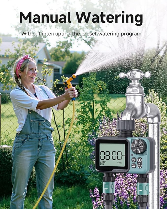 Sprinkler Timer 2 Zone & Digital Water Timer for Garden Hose, Yard, Lawn, Pool – Programmable Irrigation Controller with Rain Delay, IP66 Waterproof Auto & Manual Irrigation System