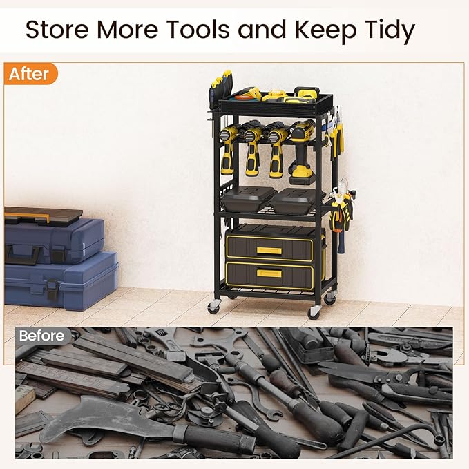 Snughome 4-Tier Tool Organizer Cart with Magnetic Tool Holder Strip, Tool Rack for Garage 300 lbs Heavy Duty Utility Rack for Workshop, Rolling Power Drill Holder & Tool Storage Cart, Gift for Men