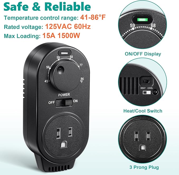 Adjustable Thermostat, Plug in Heating and Cooling Thermostat Controlled Outlet, Compatible with Portable AC, Fans and Space Heaters (1 Pack,Black)
