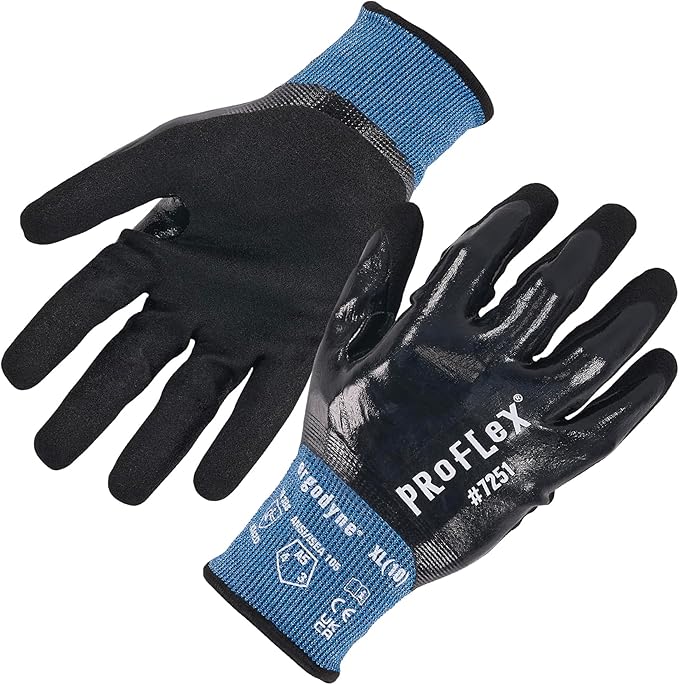 Ergodyne ProFlex 7251 Fully Coated Nitrile Work Gloves, Oil/Water Resistant, ANSI/ISEA 105-2016 A5 Cut Resistance, Touchscreen Capable