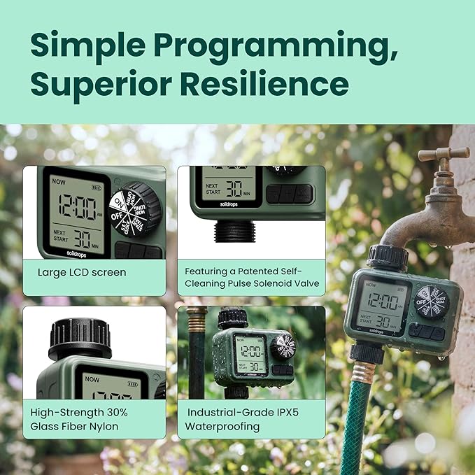 Sprinkler Timer for Garden Hose, Programmable 1 or 2 Outlet Controller with Self-Cleaning Valve, 15-Day Frequency, Large Dial, Rain Delay & Auto-Off, IPX5
