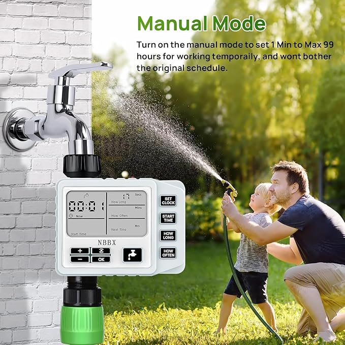 NBBX Sprinkler Timer for Garden Hose - Smart Water System with Rain Delay, Manual & Automatic Modes, IP54 Waterproof, Easy-Install Outdoor Faucet Timer for Lawn & Garden Care