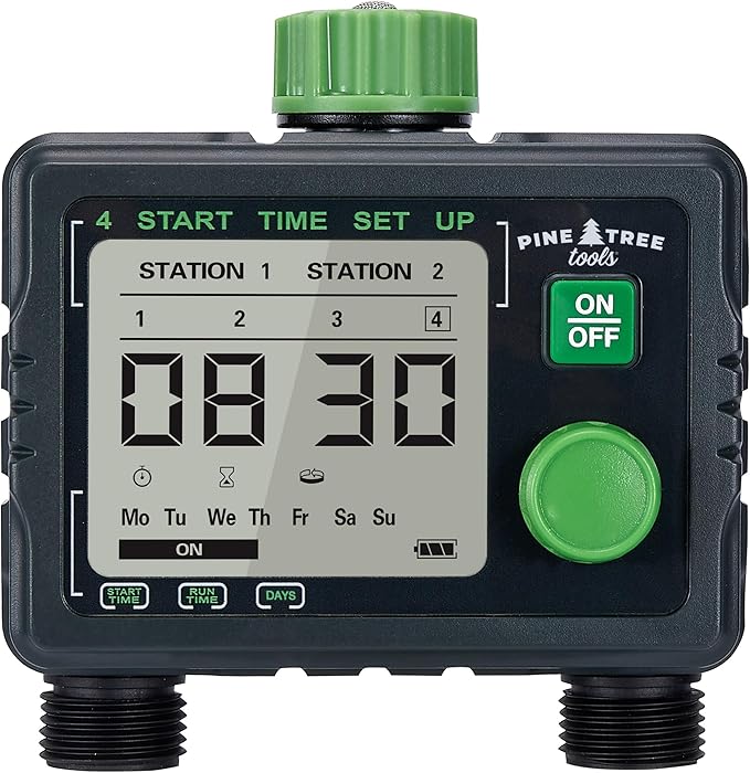 Pine Tree Tools Hose Timer - Programmable Water Timer for Garden, Automatic & Manual Watering System, Outdoor Faucet for Lawn, Garden & Yard, Battery Operated, 2 Outlet Hose Watering