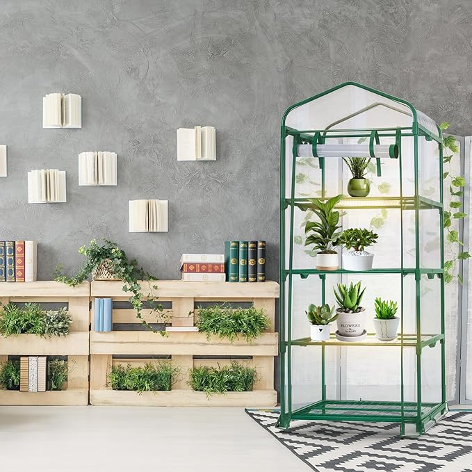 Baquler 4 Tier Mini Greenhouse Indoor Outdoor with 2 Grow Lights, 62'' H x 27'' L x 19'' W PE Cover Portable Vented Greenhouse with Roll up Zipper Door Gardening Stand for Plant Seed Starting (White)