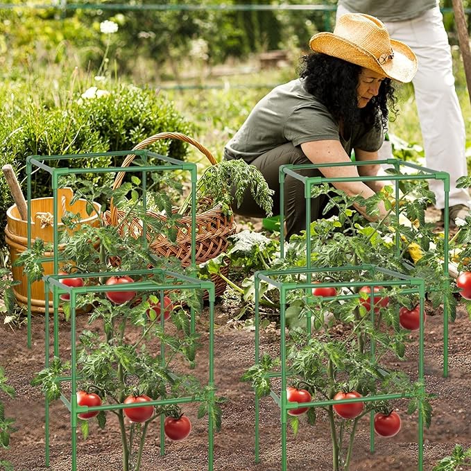 ZeeDix 45 Inch Tomato Cages 4 Pack, Heavy Duty Adjustable Metal Garden Plant Supports for Climbing Vegetables - Square Cage for Tomatoes, Cucumbers, Peas, Flowers with 40 Plant Clips
